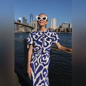 Johanna Ortiz Blue White Plantas Marinas cutout midi dress  in Ikat Mykonos 12